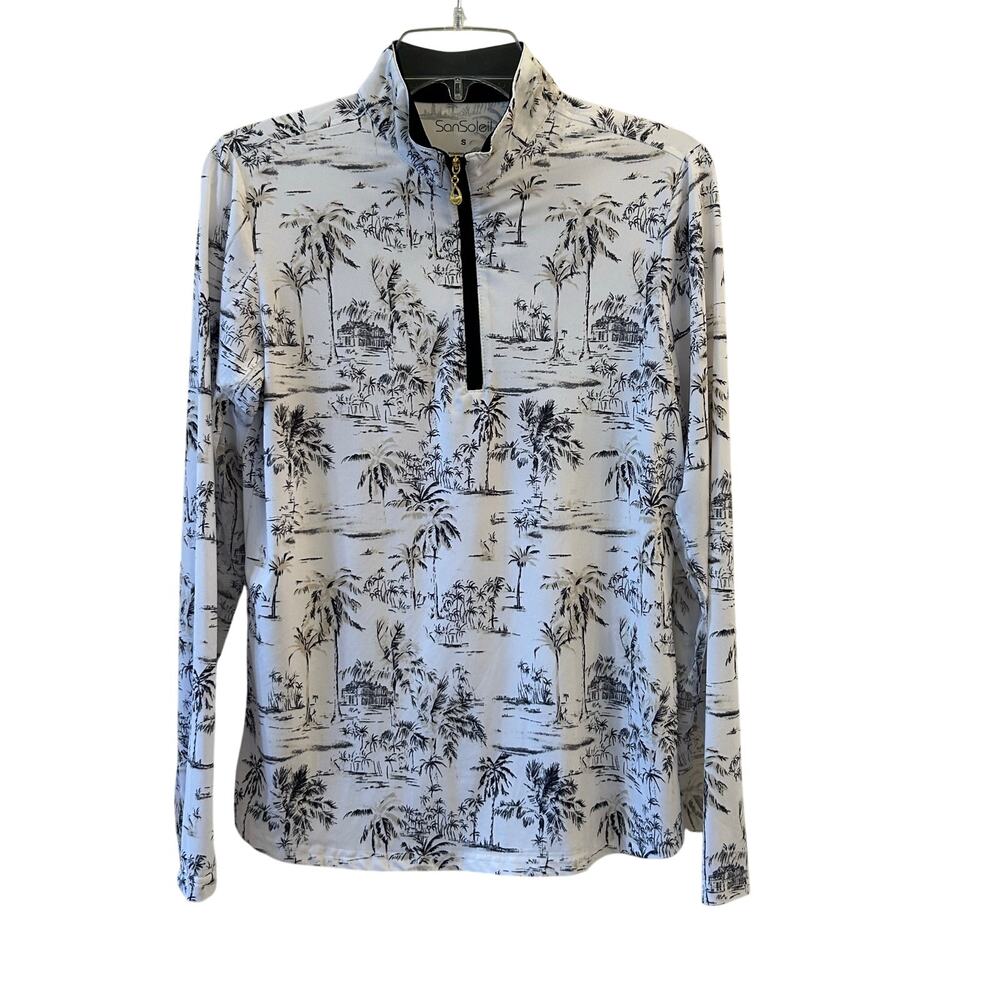 SANSOLEIL Tropical Palm Toile 1/4 Zip Golf Tennis Top Black White Size Small